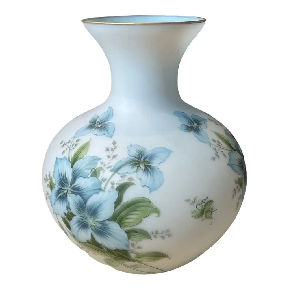 Vintage Italian Vase 10 Inch Frosted Blue Satin Art Glass Iris Flowers Gold Gilt